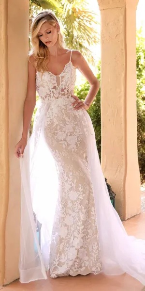 Cinderella Divine CD931W Lace Wedding Gown Sheer Overlay Lace Applique
