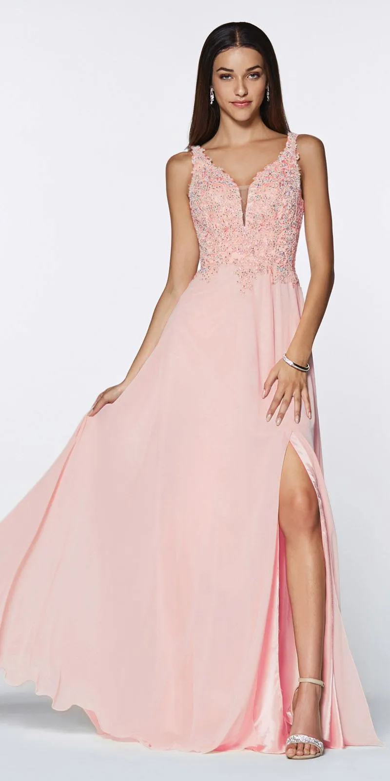 CLEARANCE - Cinderella Divine CD0133 Floor Length A-Line Chiffon Gown (Size M)