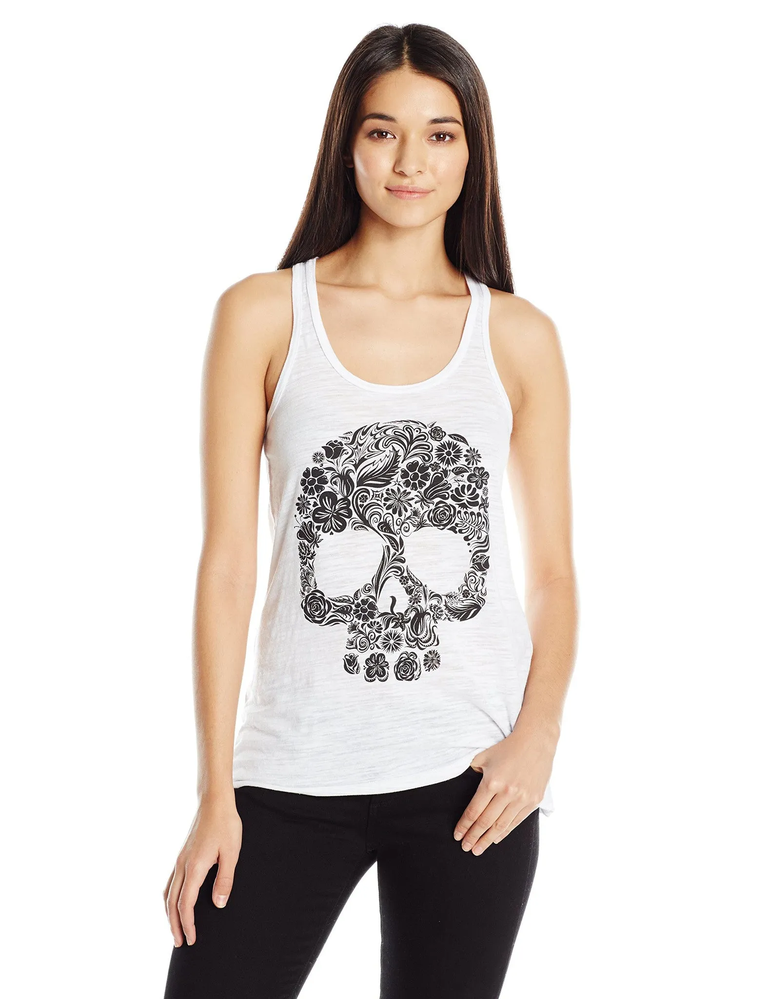 Clementine Women's Petite Plus Floral Skull Graphic Flowy Racerback Tank