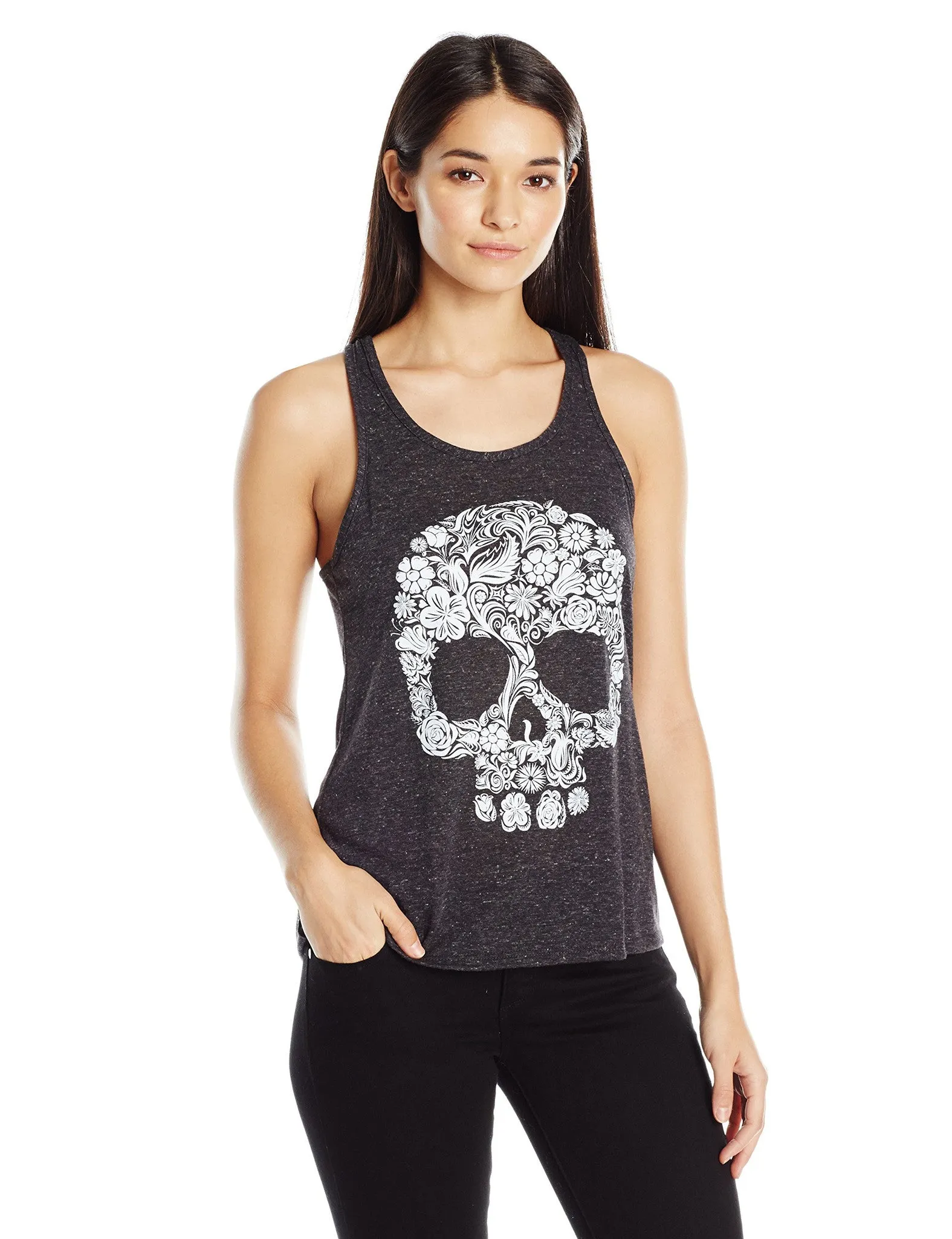 Clementine Women's Petite Plus Floral Skull Graphic Flowy Racerback Tank