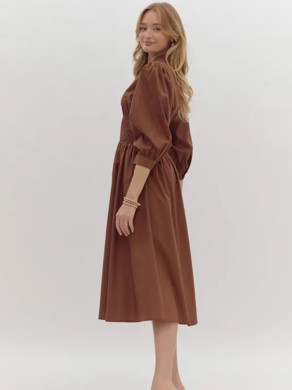 Cognac Smocked Waist Midi Dress