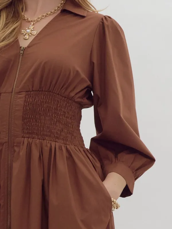 Cognac Smocked Waist Midi Dress