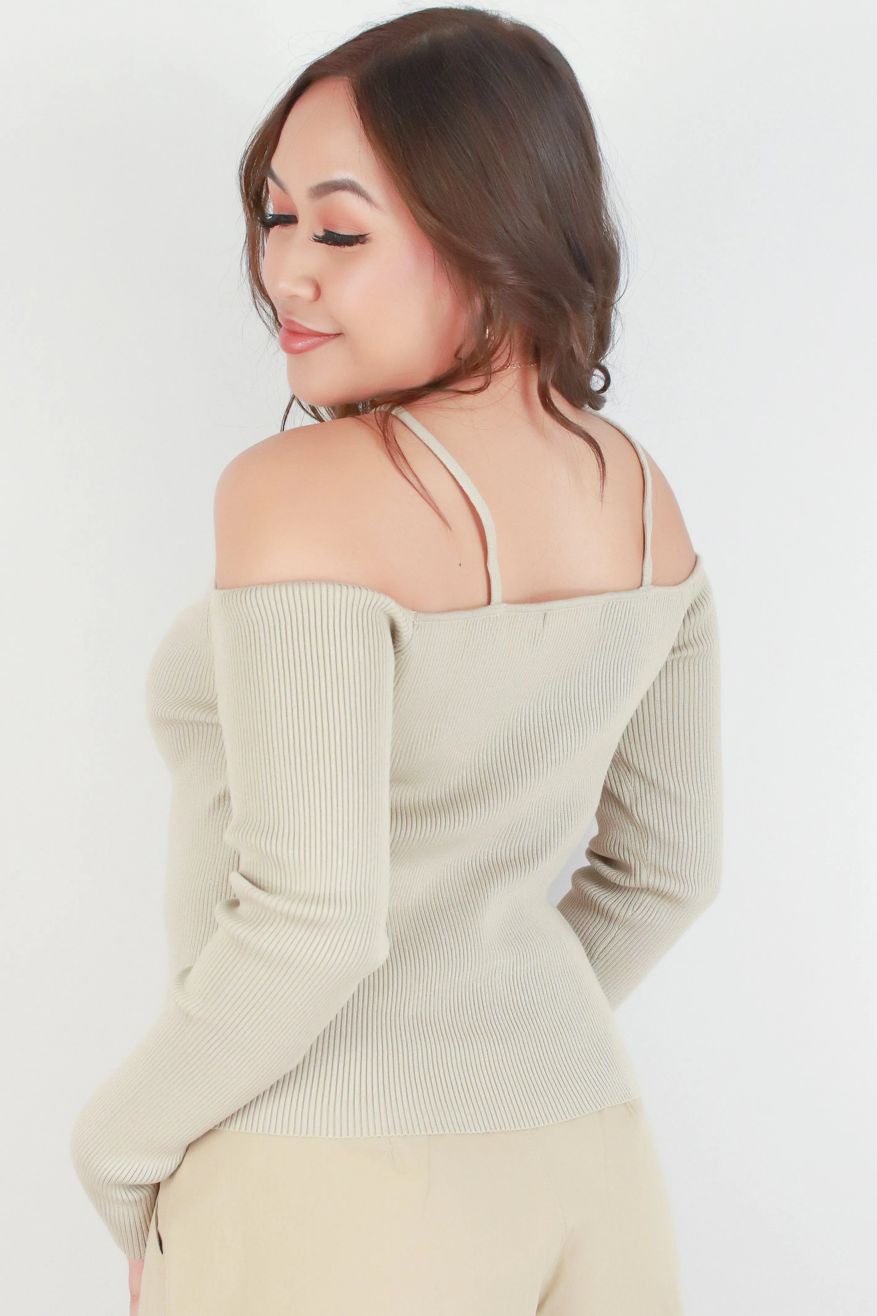 COLD SHOULDER HALTER SWEATER
