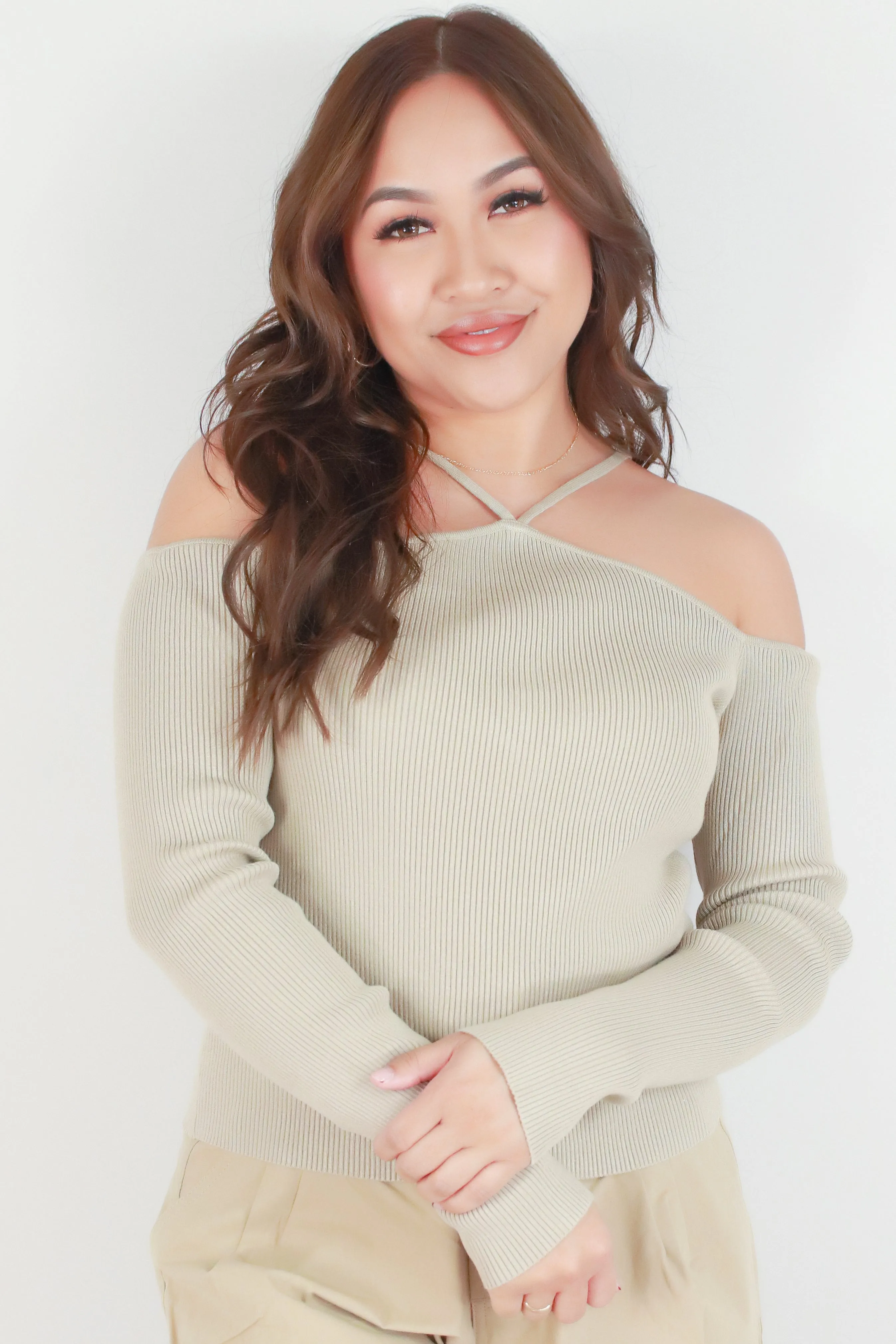 COLD SHOULDER HALTER SWEATER