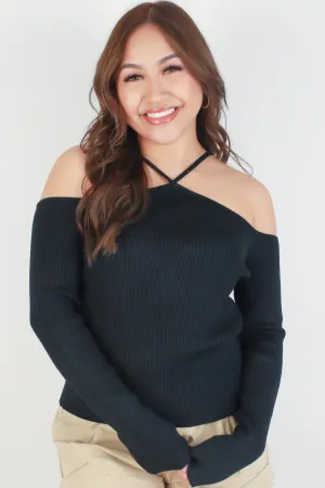COLD SHOULDER HALTER SWEATER