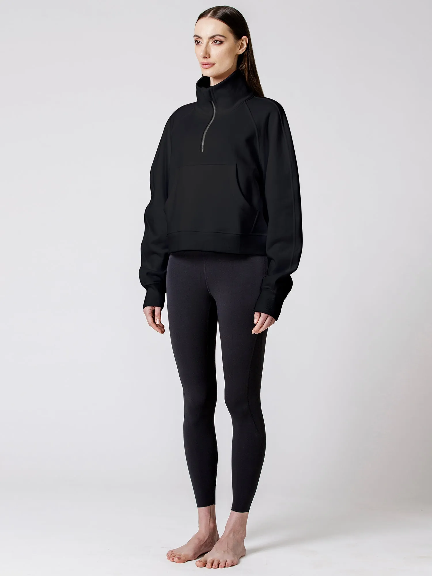 COLLARED HALF ZIP RELAXED SWEATSHIRT, BLACK