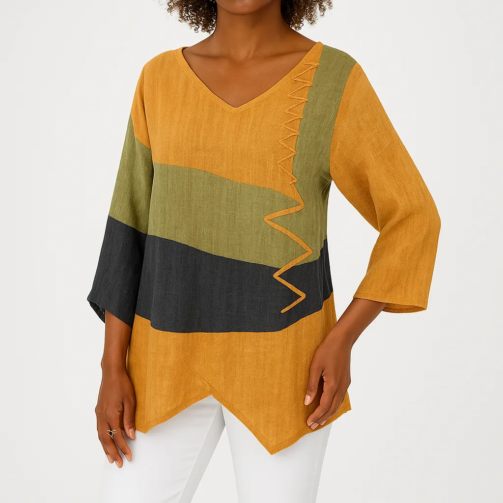 Color Block V-Neck Blouse | Cotton | Lightweight and Relaxed