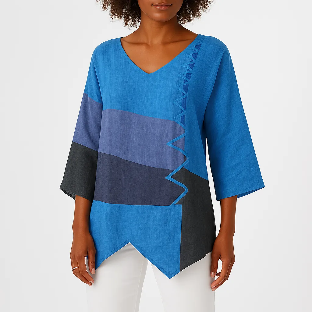 Color Block V-Neck Blouse | Cotton | Lightweight and Relaxed