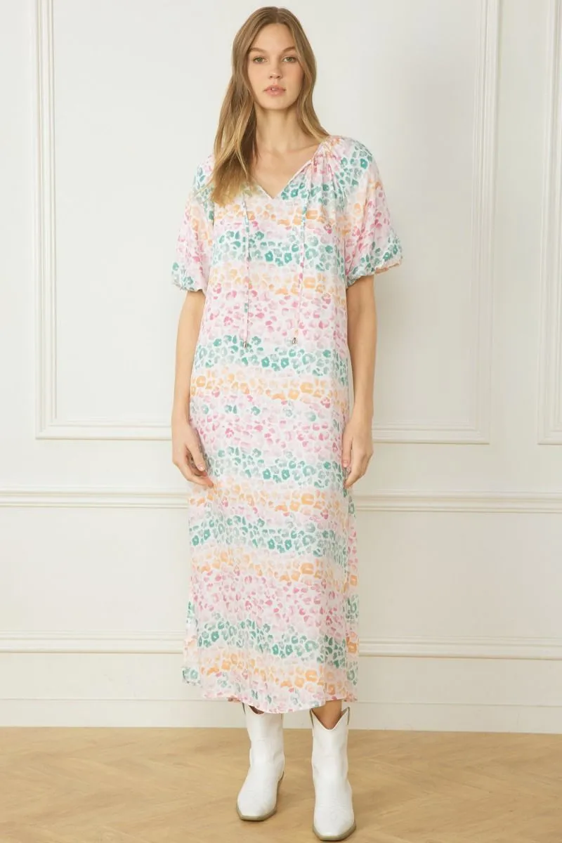 Colorblock Animal Print V Neck Puff Sleeve Dress