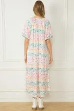 Colorblock Animal Print V Neck Puff Sleeve Dress