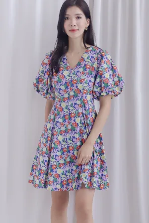 Corby Floral Puffy Sleeves Seam Button Dress In Navy Blue