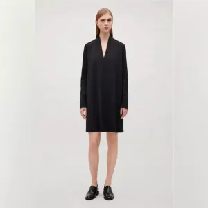 COS Stretch Knit A-Line Black V-Neck Long Sleeve Dress L Office Date Night