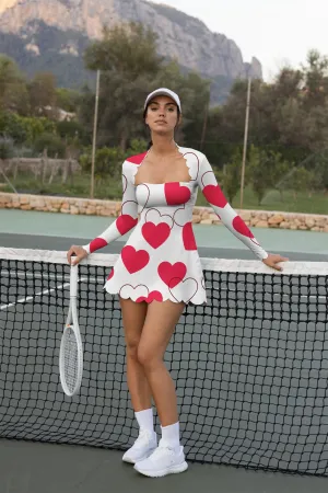 Court Crush Long Sleeve Dress – White Tennis Dress with Bold Red Hearts