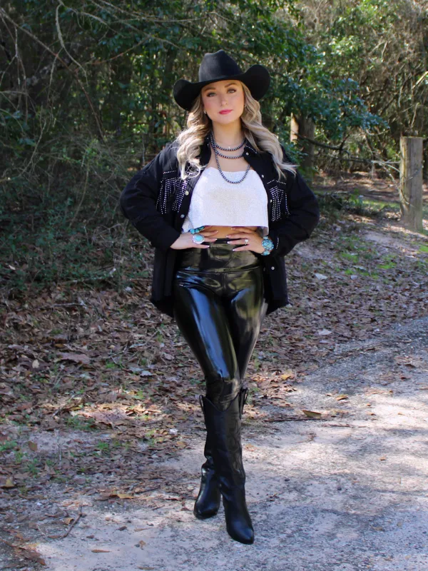 Cowgirl Glitter Rhinestone Crop Top with Chain Hook Closure, Silver