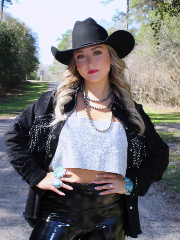 Cowgirl Glitter Rhinestone Crop Top with Chain Hook Closure, Silver