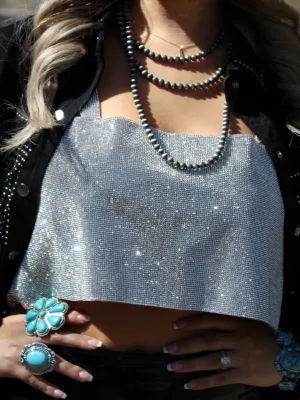 Cowgirl Glitter Rhinestone Crop Top with Chain Hook Closure, Silver