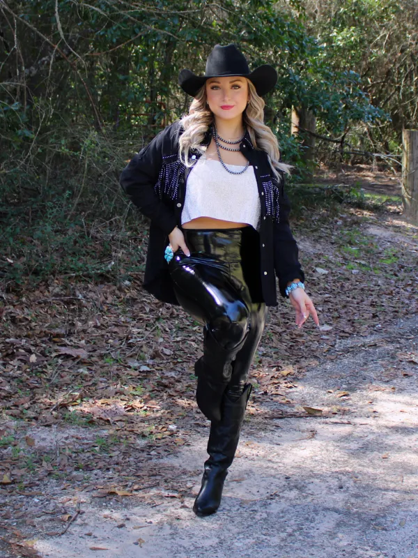 Cowgirl Glitter Rhinestone Crop Top with Chain Hook Closure, Silver