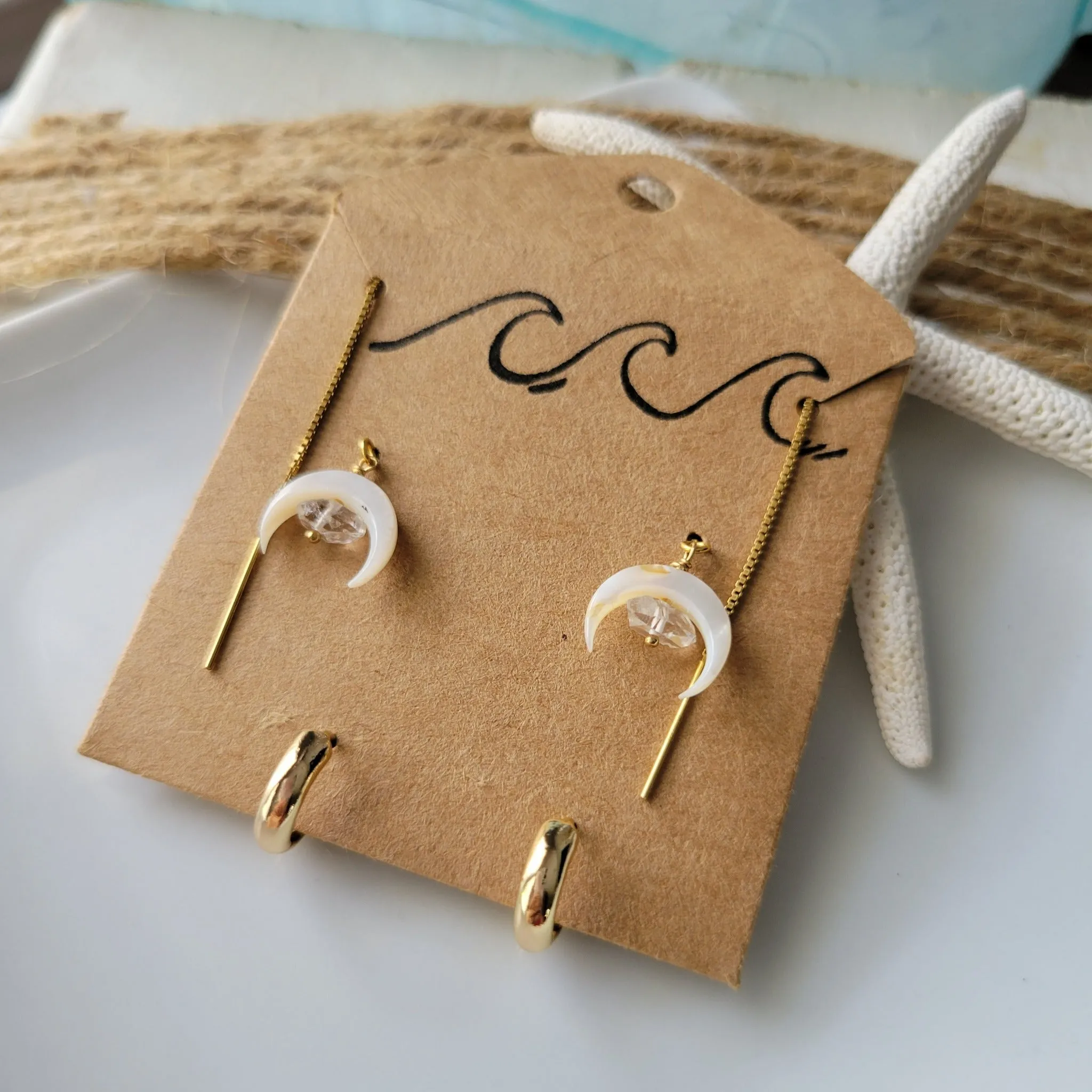 Crescent Moon and Herkimer Diamond Threader Earrings - Sterling, Gold or Rose Gold