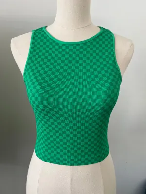 Cropped Ribbed High Neck - Green Checker