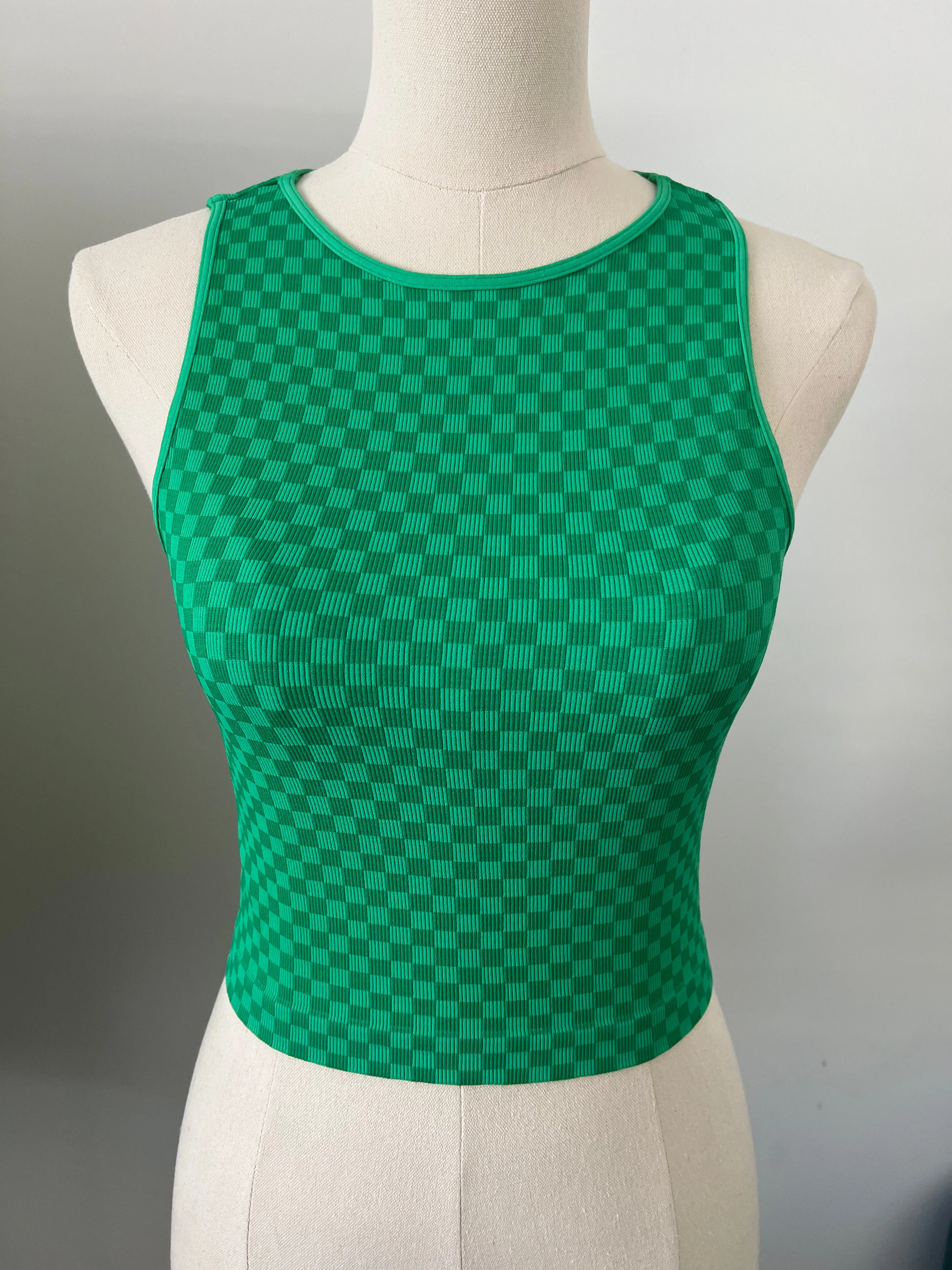 Cropped Ribbed High Neck - Green Checker