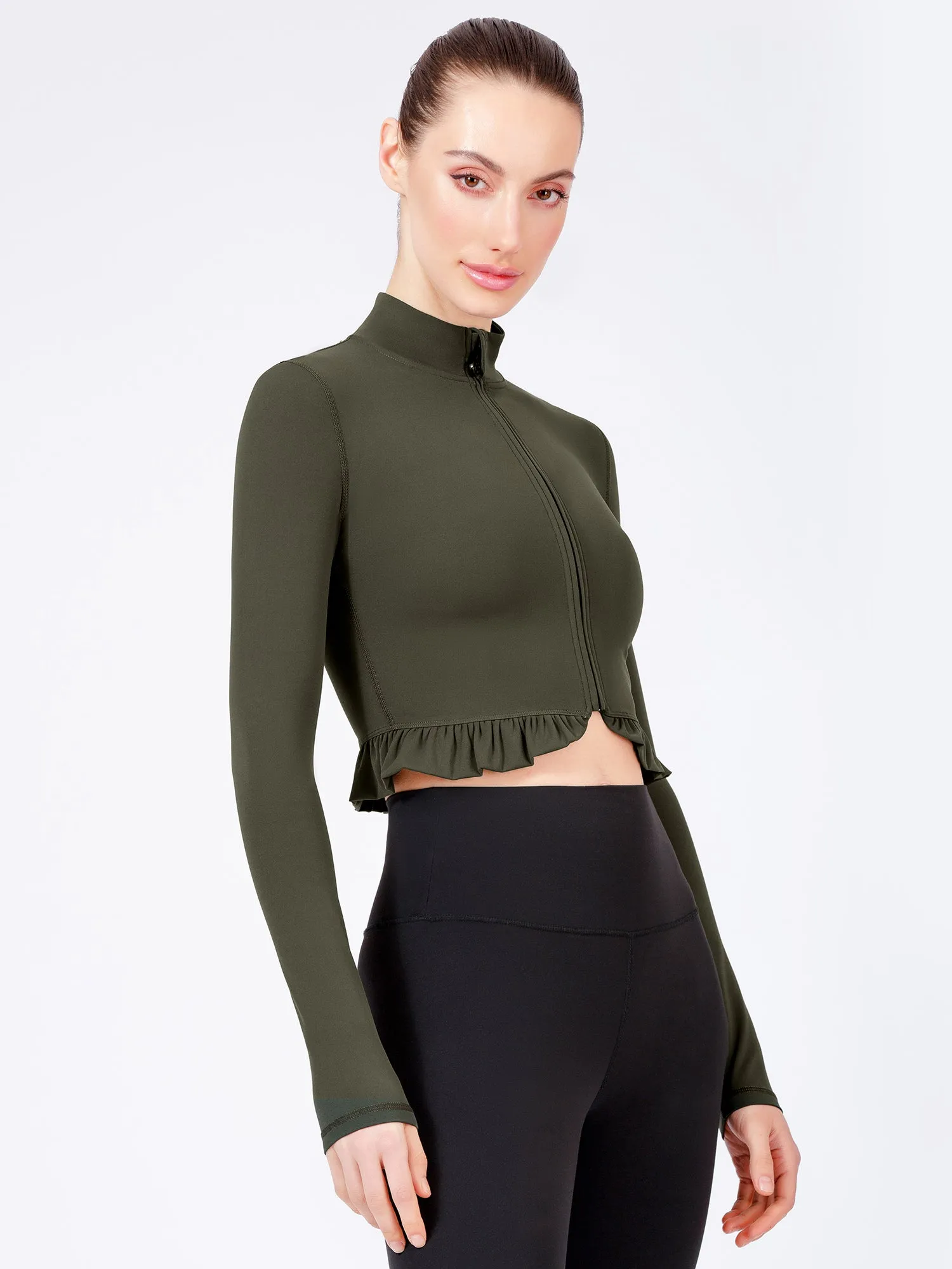 CROPPED RUFFLES JACKET, DARK GREEN