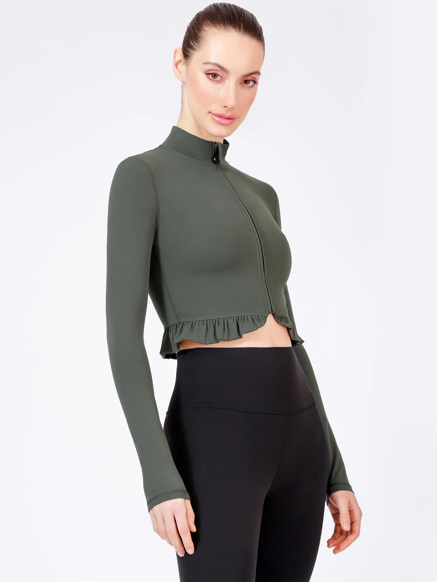 CROPPED RUFFLES JACKET, DEEP FOREST