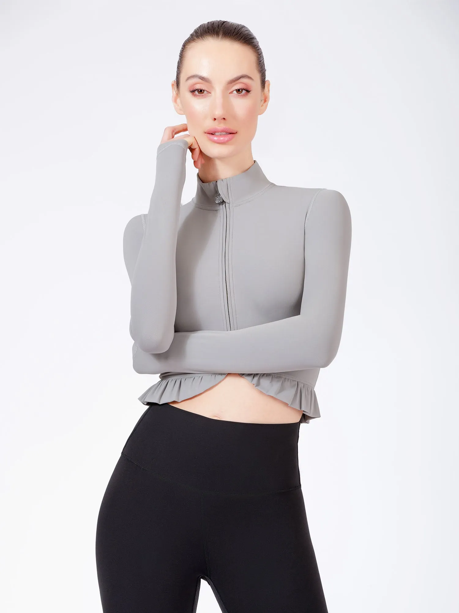 CROPPED RUFFLES JACKET, LUNAR GREY