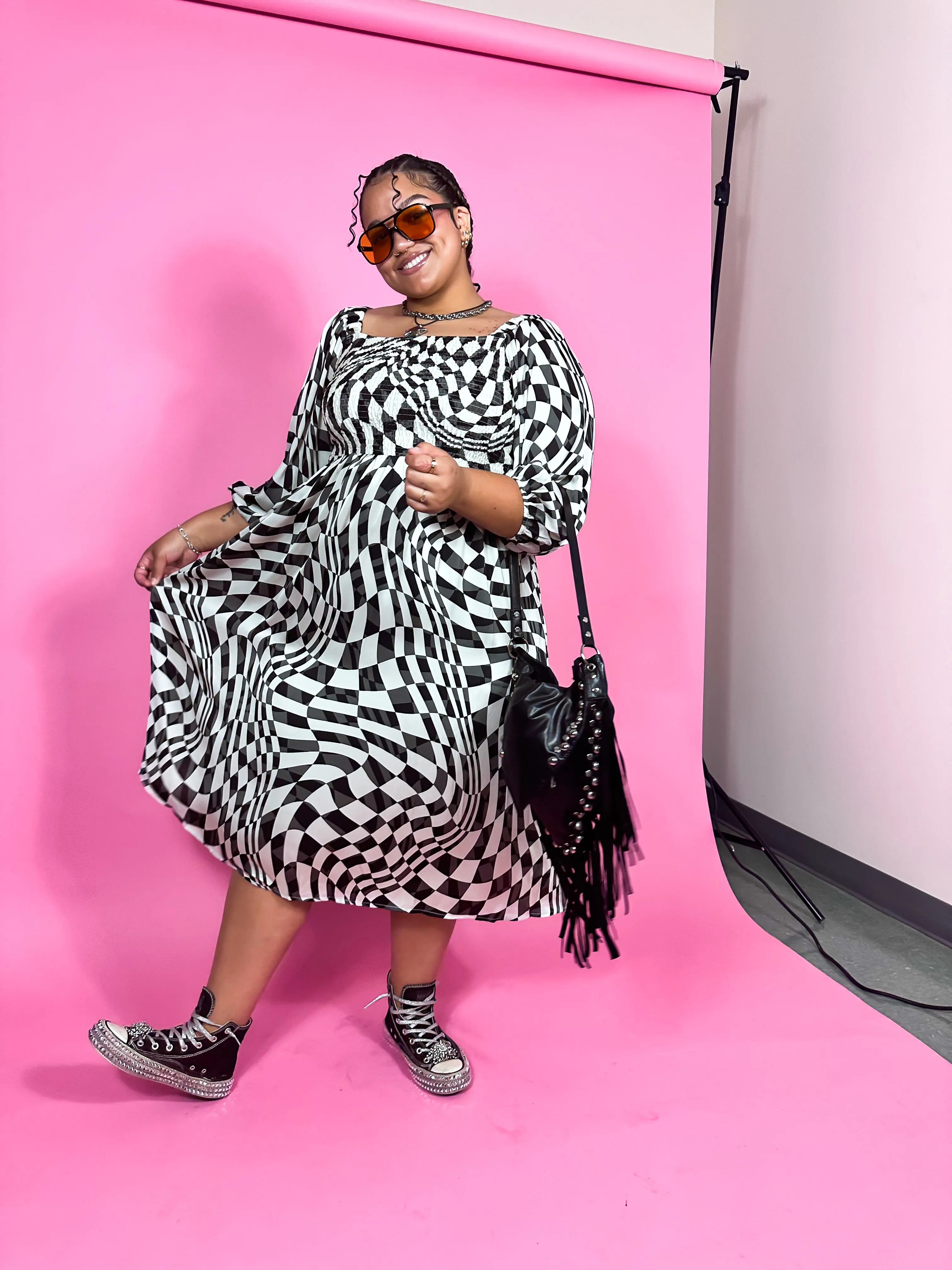 CURVY: PUNK ROCK PRINCESS CHECKERED MIDI DRESS
