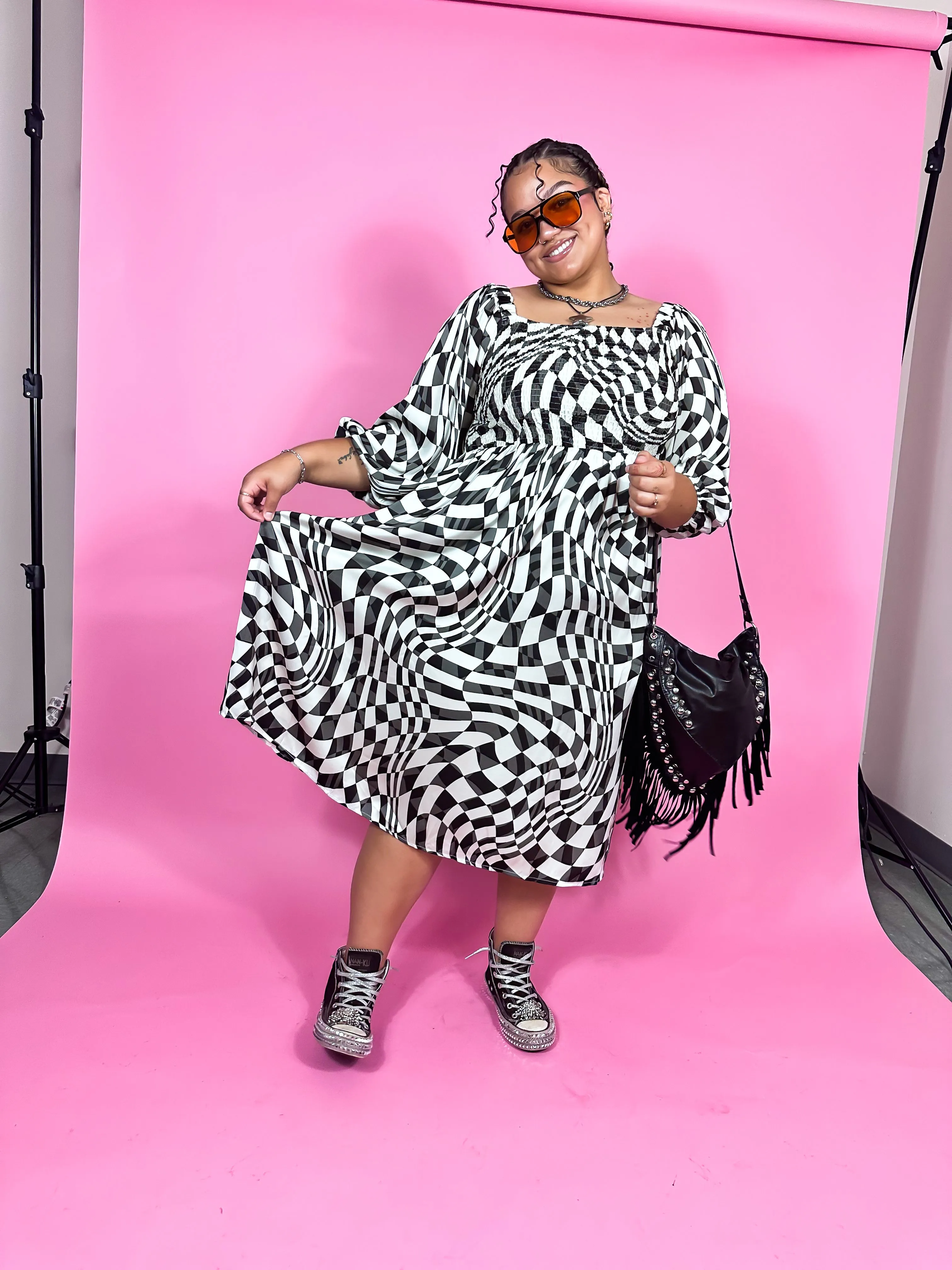 CURVY: PUNK ROCK PRINCESS CHECKERED MIDI DRESS