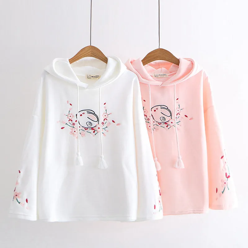 CUTE BUNNY PLUM EMBROIDERED HOODIE UB2666