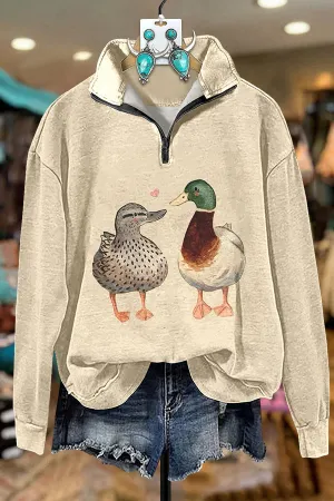 Cute Duck Print Zipper Sweatshirt