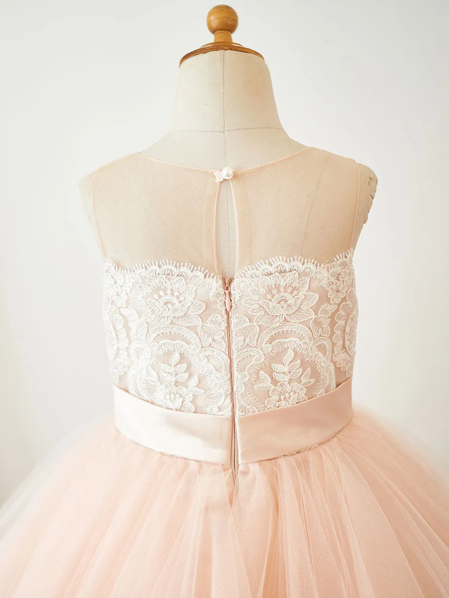 Cute Jewel Neck Tulle Sleeveless Short Princess Sash Kids Party Dresses