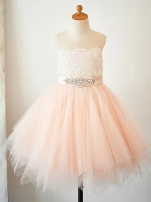 Cute Jewel Neck Tulle Sleeveless Short Princess Sash Kids Party Dresses