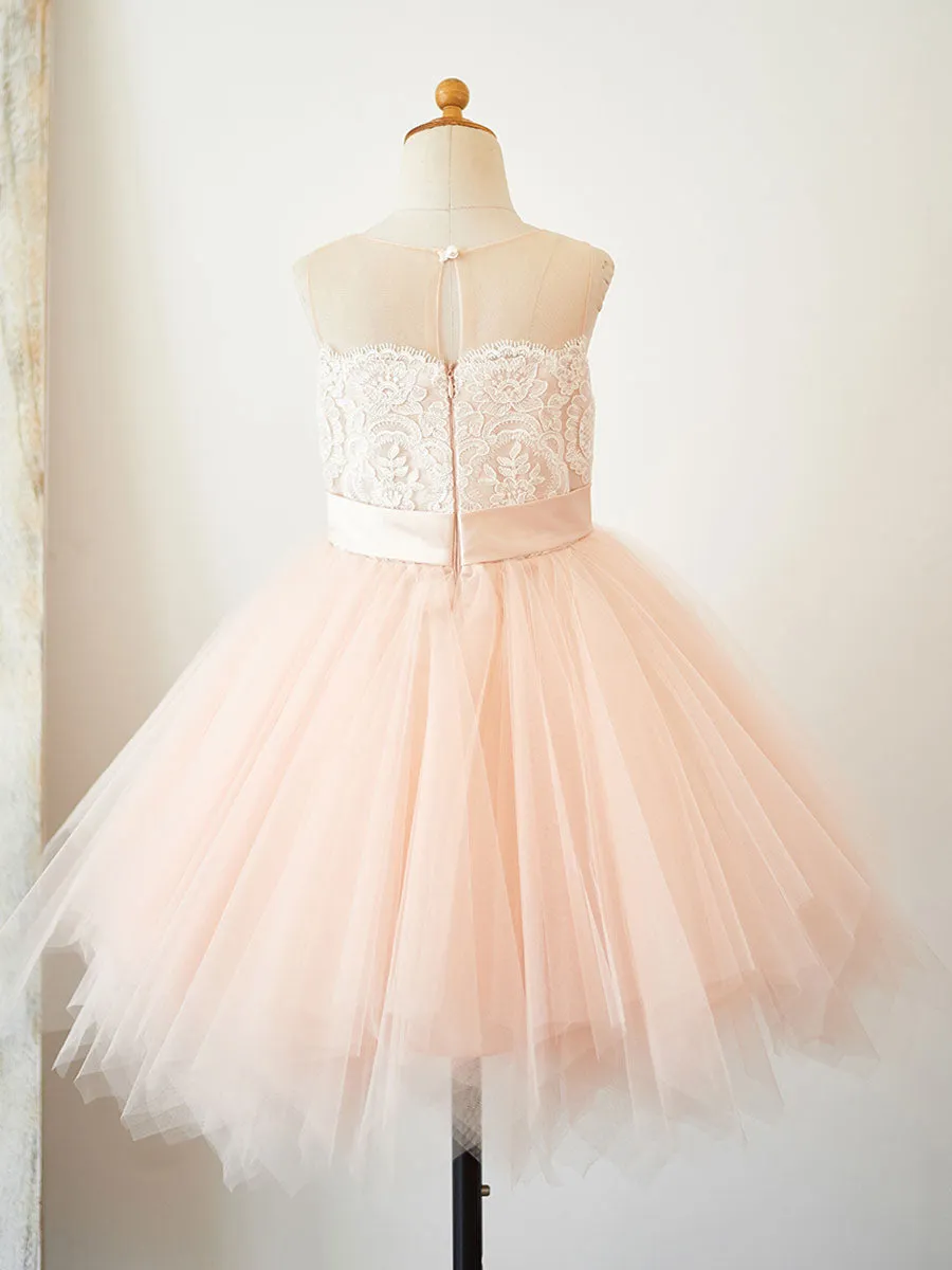 Cute Jewel Neck Tulle Sleeveless Short Princess Sash Kids Party Dresses