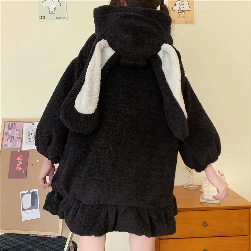 CUTE PLUSH RABBIT EARS RUFFLED HOODIE UB2722