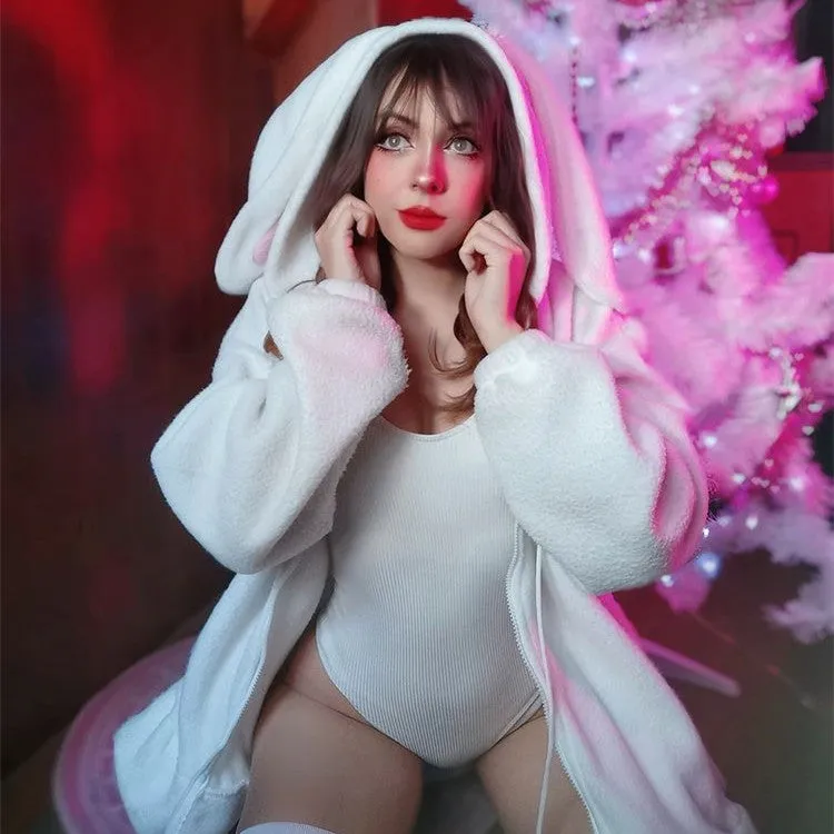 CUTE PLUSH RABBIT EARS RUFFLED HOODIE UB2722
