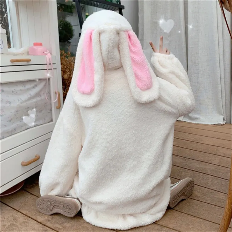 CUTE PLUSH RABBIT EARS RUFFLED HOODIE UB2722