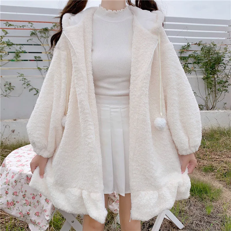CUTE PLUSH RABBIT EARS RUFFLED HOODIE UB2722