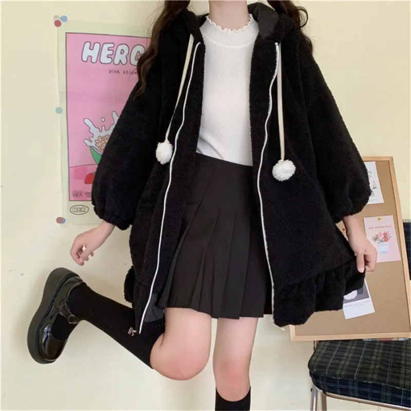 CUTE PLUSH RABBIT EARS RUFFLED HOODIE UB2722