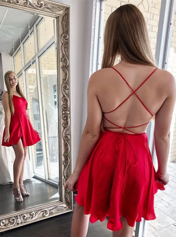 Cute Red Satin A-line Cross Back Spaghetti Straps Homecoming Dresses, MH534