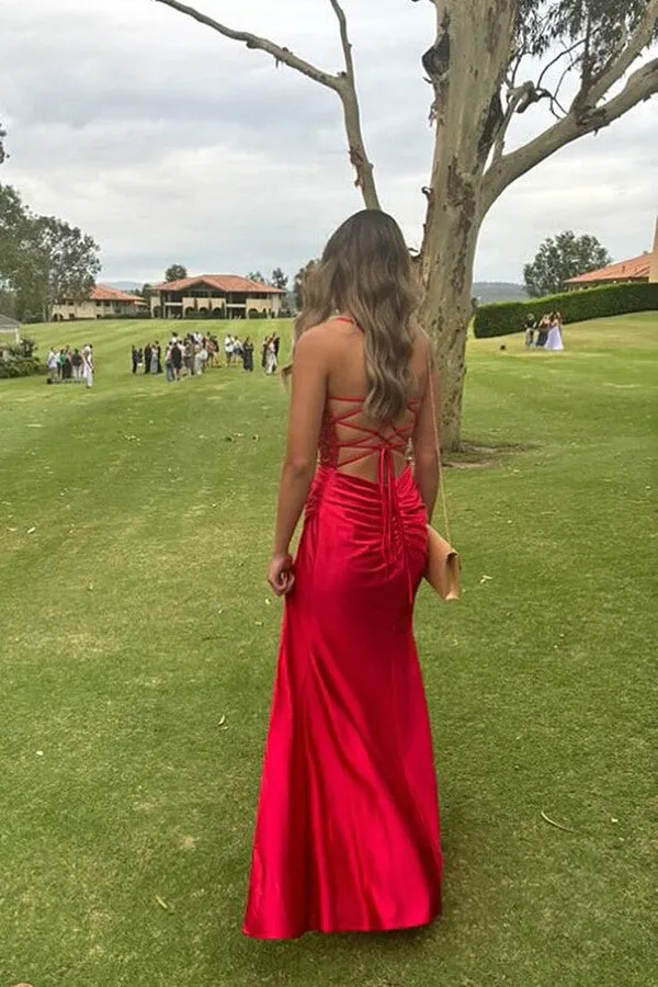 Cute Red Satin Mermaid Sweetheart Neck Long Prom Dresses With Slit, MP1023