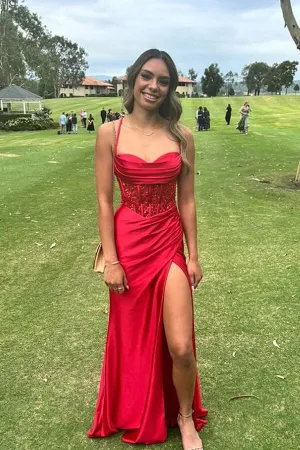Cute Red Satin Mermaid Sweetheart Neck Long Prom Dresses With Slit, MP1023