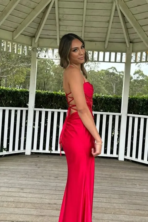 Cute Red Satin Mermaid Sweetheart Neck Long Prom Dresses With Slit, MP1023