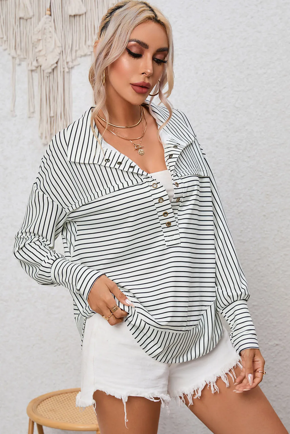 Daniella Full Size Striped Collared Top