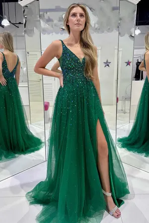 Dark Green Tulle A-line Backless Rhinestone Side Slit Long Prom Dresses, MP880