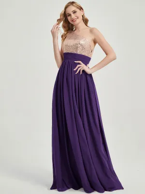 Dark Purple One-Shoulder Sleeveless Chiffon Sequin Bridesmaid Dress