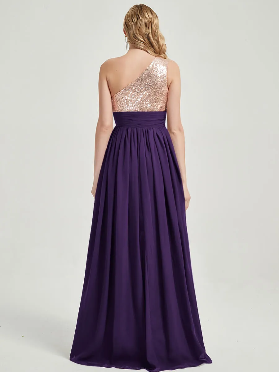 Dark Purple One-Shoulder Sleeveless Chiffon Sequin Bridesmaid Dress