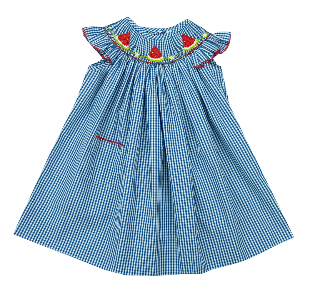 Delaney Blue Smocked Watermelon Bishop Dress