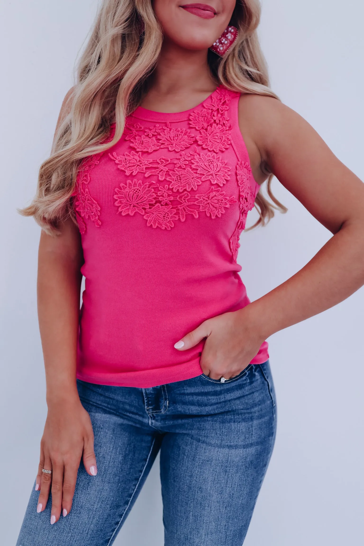 Delicately Detailed Crochet Tank - Pink