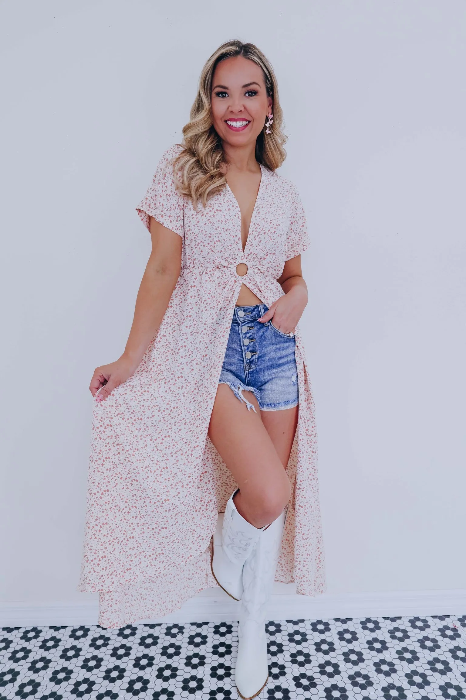 Delilah Ditsy Print Kimono Maxi Dress - Cream